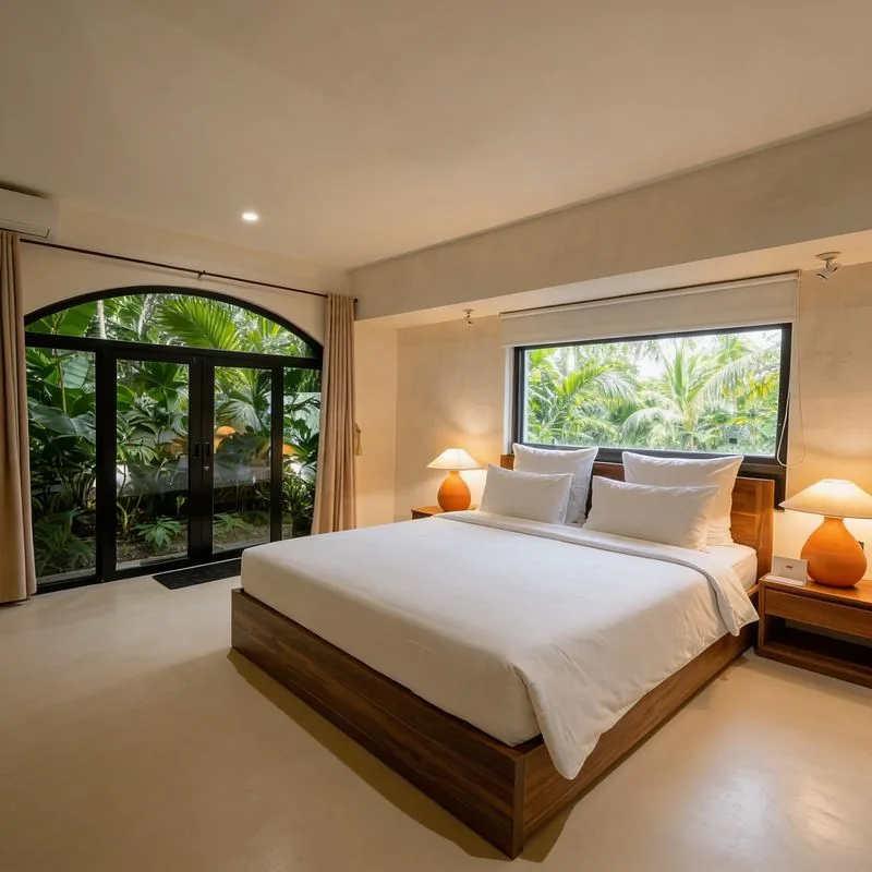 Villa Sayan II bedroom with orange lamps