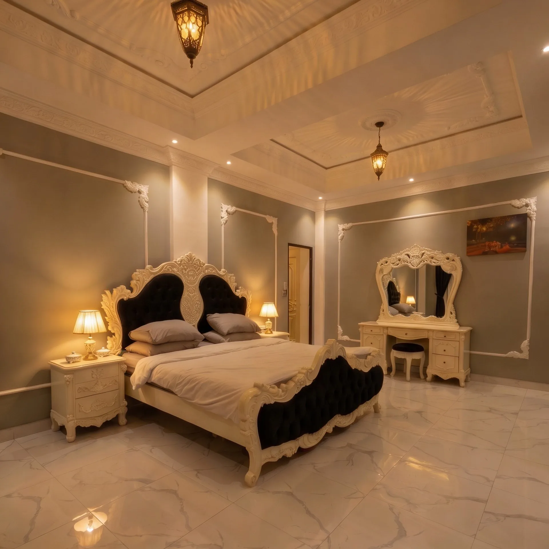 Bedroom with baroque decor and marble floors
