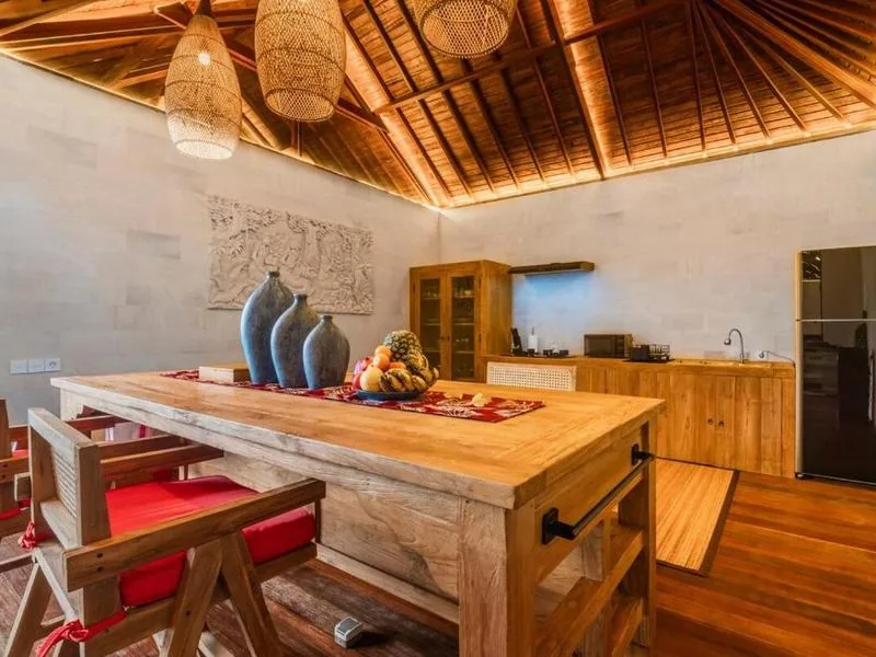 Kitchen and dining with timber ceiling