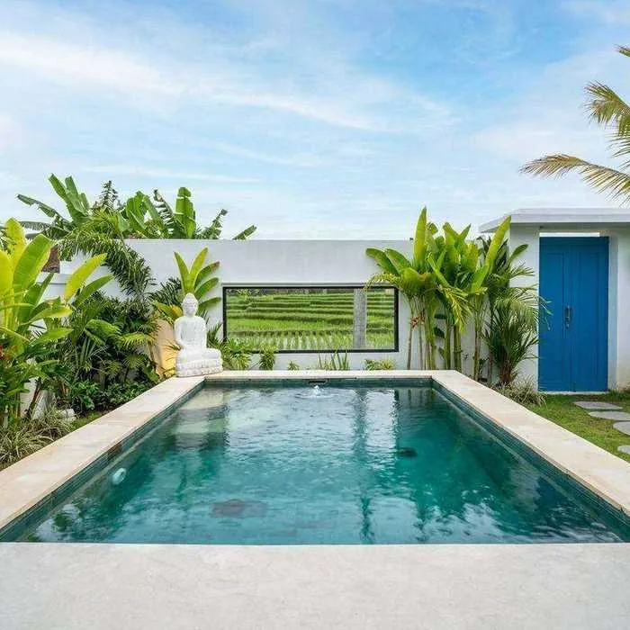 Villa Sayan 3 swimming pool with rice field backdrop