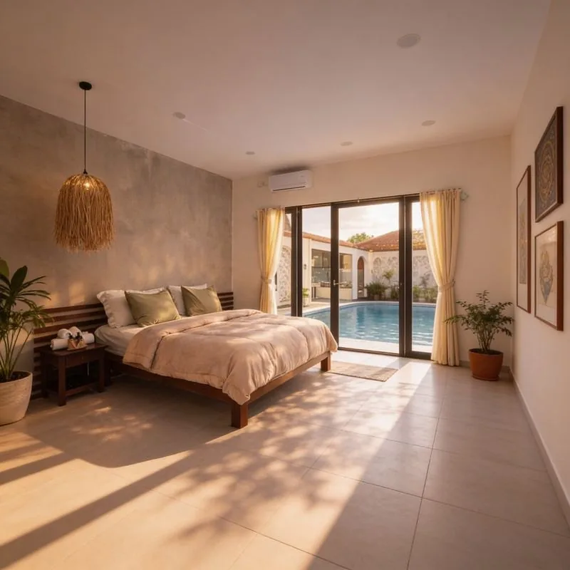 Master bedroom with pool view