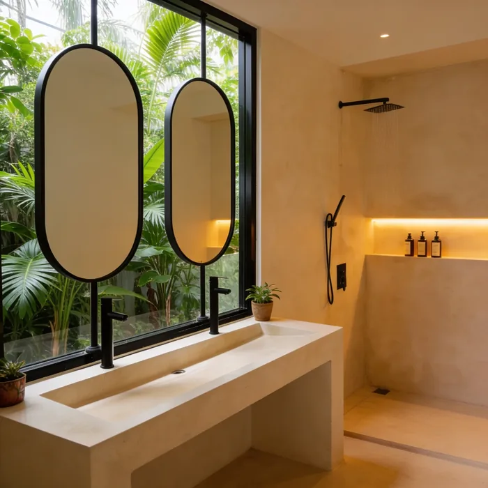 Villa Sayan IV bathroom with twin black oval mirrors, terrazzo trough sink and rain shower