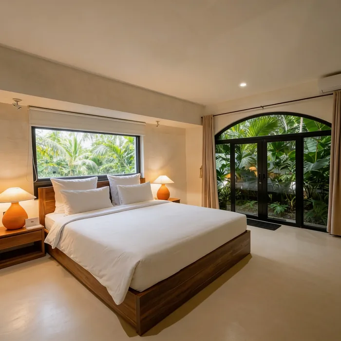 Villa Sayan IV bedroom with king bed and jungle-view glass doors