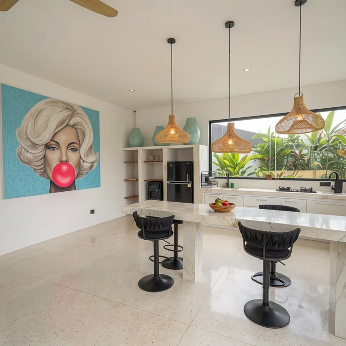 Villa Sayan IV open kitchen and dining with pop-art and bar seating