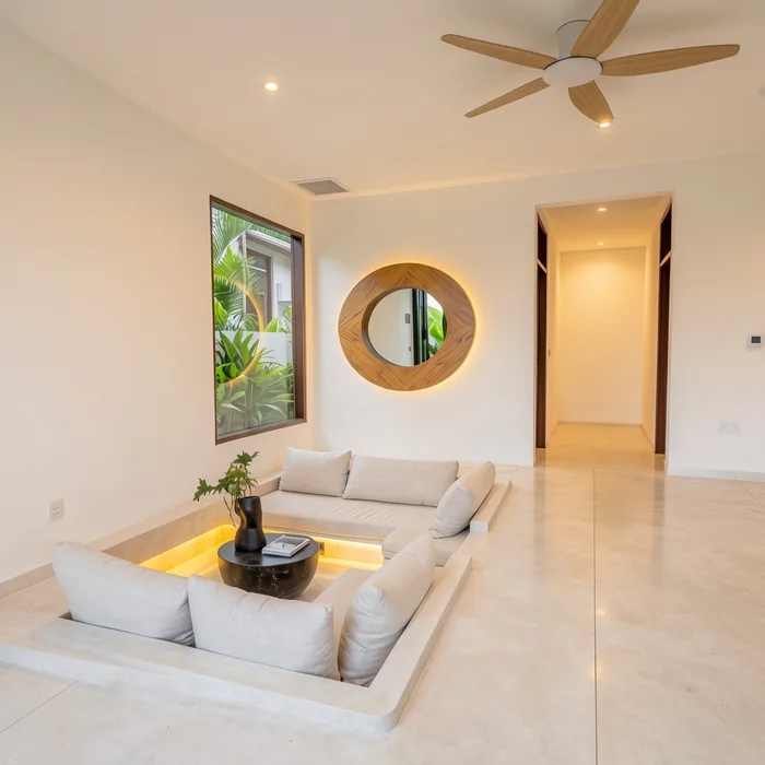 Villa Sayan IV sunken lounge with round mirror and ceiling fan