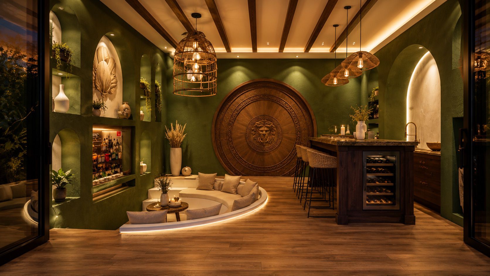 Sunken lounge and bar with Medusa medallion — signature interior design