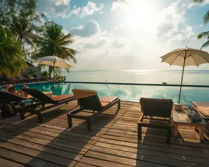 Tropical villa interior opening to pool