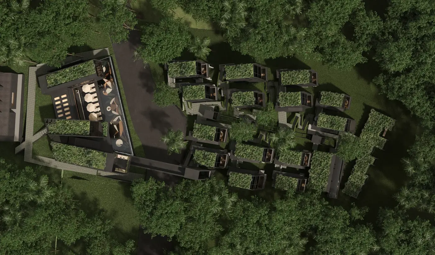 Tōmei site plan — top-down drone view
